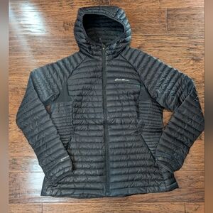 Eddie Bauer Women's Black Microtherm Storm Down 800 Hooded Jacket Size Large